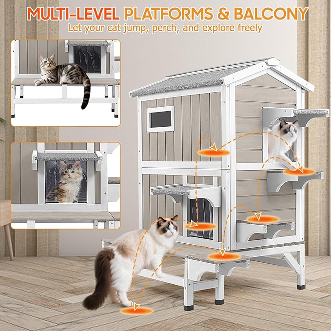 Insulated Cat House Outdoor Weatherproof with Balcony All-Round Insulation Outside Wooden Feral Cat Shelter for Winter with 3 Jumping Platforms and Openable Roof for Cats and Small Animals