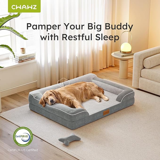 Dog Beds for Large Dogs, Orthopedic Dog Bed with Cooling Gel Memory Foam, Waterproof Large Pet Bed with Removable Washable Cover, 36" Pet Sofa Couch Dutch Velvet with Bone Toy, Light Gray