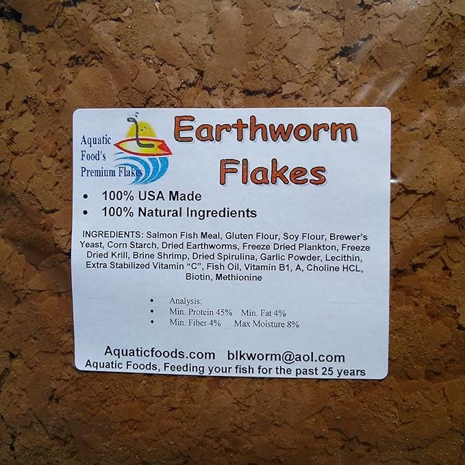Aquatic Foods Inc. Earthworm Flakes for Discus, Cichlids, Tetras, Guppies, Live Bearers, All Community Tropical Fish - Premium AF Flakes - 1/2-lb