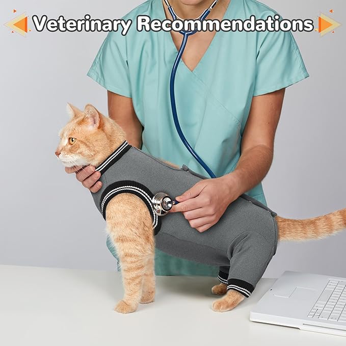 PUMYPOREITY Cat Recovery Suit for Hind Legs, Cat Surgical Spay Suit with Leg Sleeves to Stop Licking, Long Rear Sleeve Wound Cover Abdomen Kitten Onesie, Grey, M