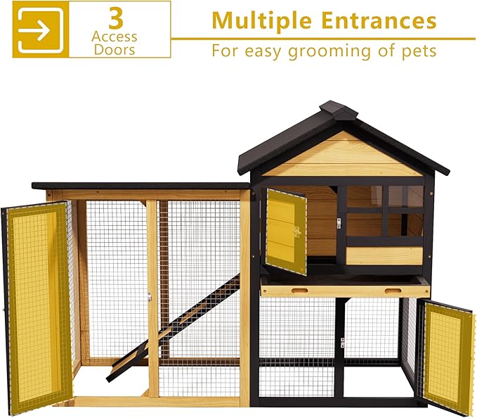 Large Chicken Coop and Run Outdoor Indoor Two Story Rabbit Hutch Pet House Guinea Pig Cage with Removable Tray，Ramp，Ventilation Doors for Chickens,Bunny,Ducks,Quails（Natural Wood）