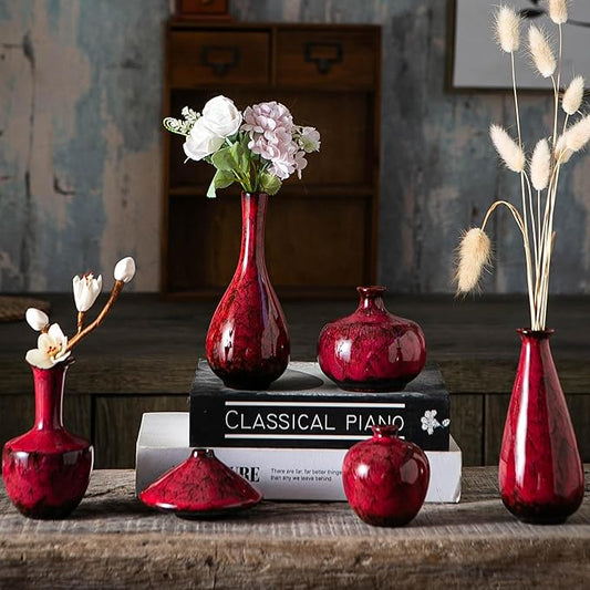 Red Ceramic Bud Vases, Set of 6 Small Glazed Pottery Vases for Floral Arrangements, Decorative Rustic Vases for Modern Farmhouse Home Decor, Living Room, Dining Table Centerpieces