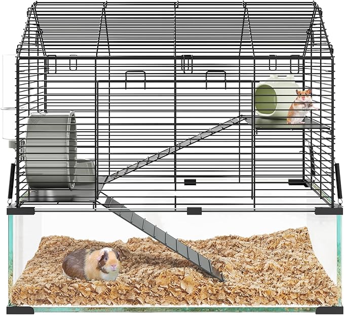 3 Tiers Large Hamster Cage - Metal Enclosure & Glass Mouse Cage with Ceramic Hideout, Running Wheel, Water Bottle & Feeding Bowl, Small Animal Habitat for Rodent Hamsters Rat Mouse Gerbil Mice