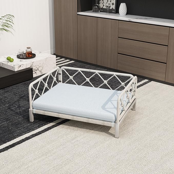 Wicker Dog Bed with 2" Cushion,Rattan Dog Sofa Bed for Small Medium Dogs– Indoor/Outdoor Metal Frame Pet Bed up 66lbs (Grey Rattan Grey Cushion)