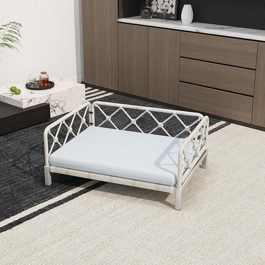 Wicker Dog Bed with 2" Cushion,Rattan Dog Sofa Bed for Small Medium Dogs– Indoor/Outdoor Metal Frame Pet Bed up 66lbs (Grey Rattan Grey Cushion)
