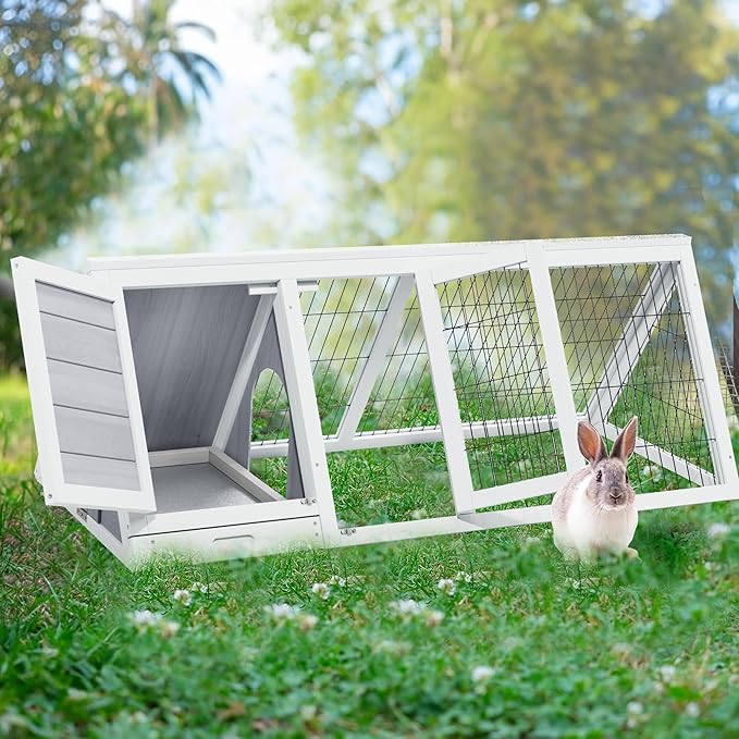 Wooden Rabbit Run Cage Indoor,A-Frame Bunny Playpen House Outdoor,Small Bunny Hutch with Ventilating Wire Fence for Puppy Rabbits (Grey)