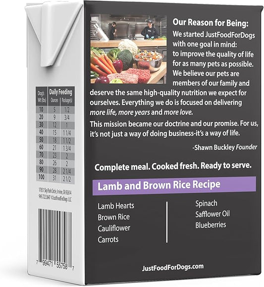 JustFoodForDogs Pantry Fresh Wet Dog Food, Complete Meal or Dog Food Topper, Lamb & Brown Rice Human Grade Dog Food Recipe - 12.5 oz (Pack of 6)