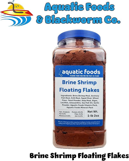 Aquatic Foods Inc. Brine Shrimp Flakes for All Freshwater Fish, All Marines, Tangs, Butterflies, Angelfish, Anthias, Clown Fish Also Pellet Mix, Wafer Mix Included…1-lb 2oz Jar