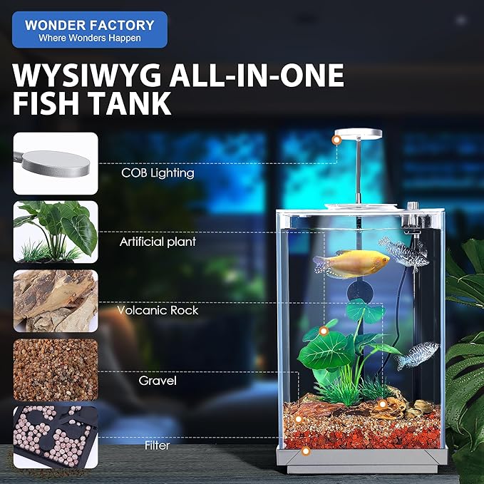 Nano Desktop Betta Fish Tank Set, 2.7 Gallon Glass Aquarium Hidden Bottom Filtration System Self Cleaning Filter Light Gravel Plant Cleaning Tool, for Small Space Easy Setup Space-Saving Design