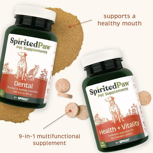 Spirited Paw Pet Health Bundle - Dental & Multifunctional Support for Dogs - Teeth Powder & Chewable Wafers for Dental, Immune, Coat, and Liver Health - 165 g Powder & 90 Wafers