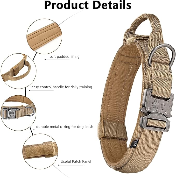 Tactical Dog Collar and Leash Set Heavy Duty Military Dog Collar with Handle and Metal Buckle for Medium and Large Dogs (Brown, M)