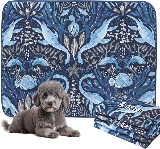 BVAGSS Washable Pee Pads for Dogs, 2 Pack Reusable Leakproof Puppy Wee Wee Pad, Non-Slip Waterproof Pet Training Pads, Super Absorbent Whelping Pads XH081 (Dino Navy, 24X24 Inch (Pack of 2))