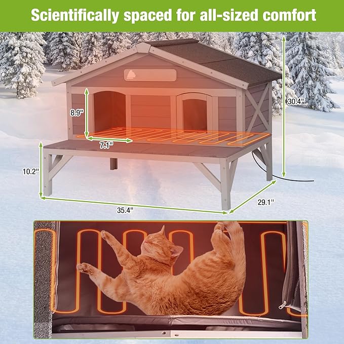 GUTINNEEN Heated Cat House for Outside Weatherproof Feral Kitty Shelter for Winter with Heater and Insulated Liner
