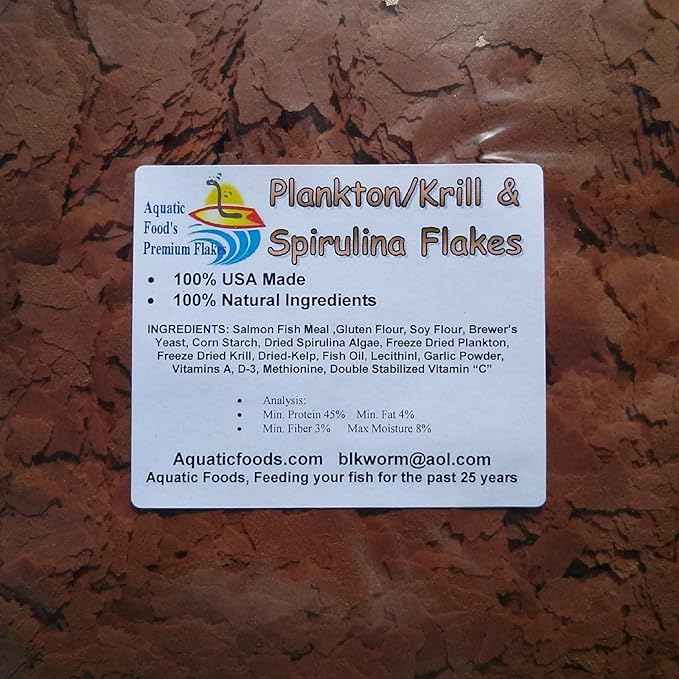 Aquatic Foods Inc. Premium Plankton & Krill & Spirulina Flakes with Garlic for Discus, Cichlids, Angel Fish,Tetras, Livebearers, Bettas, All Community Tropical Fish - AF Flakes...1-lb