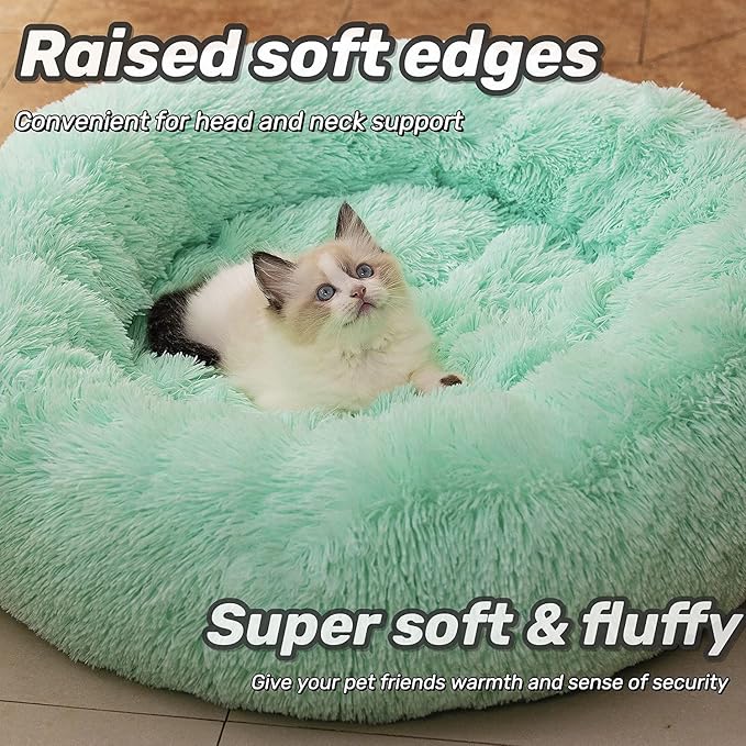 Anti Anxiety Round Fluffy Plush Faux Fur Warm Washable Dog Bed & Cat Bed, Original Bed for Small Medium Large Pets,Used to Relieve Joints and Improve Sleep（20"/24"/27''） (20", Light Green)