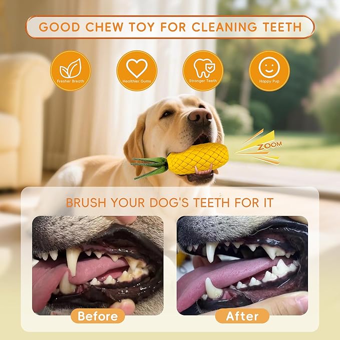 Pineapple Dog Toy, Indestructible Chew Toy with Squeaker, Durable Nature Rubber for Medium Large Breed Dogs, Interactive Play, Teeth Cleaning, Boredom Relief