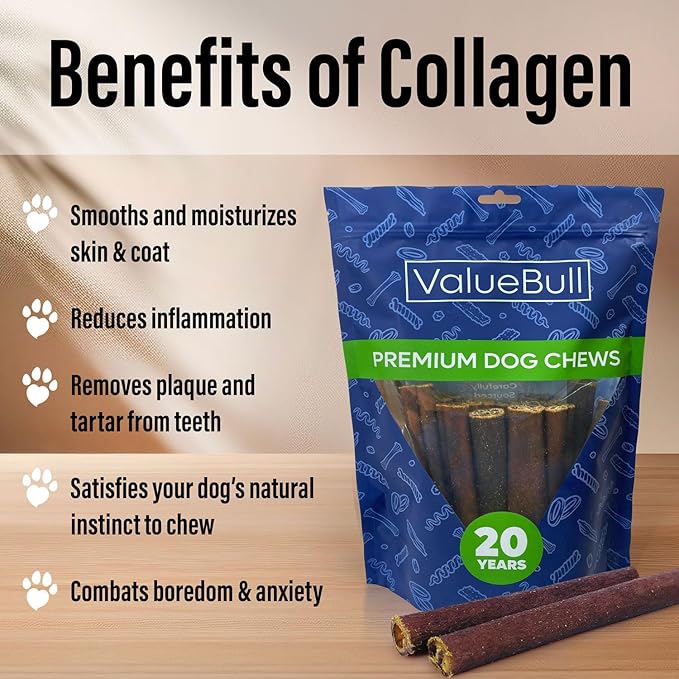 ValueBull Collagen Sticks for Dogs, 6 Inch Jumbo Chews, Natural Long-Lasting Dog Treats, 50 Count - Supports Joints, Skin & Coat with Chondroitin & Glucosamine