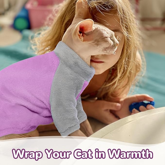 PUMYPOREITY Turtleneck Sweater for Sphynx Cat, Soft Coral Fleece Cat Clothes, Thick Winter Warm Outfit Coat with Sleeves, S, Purple