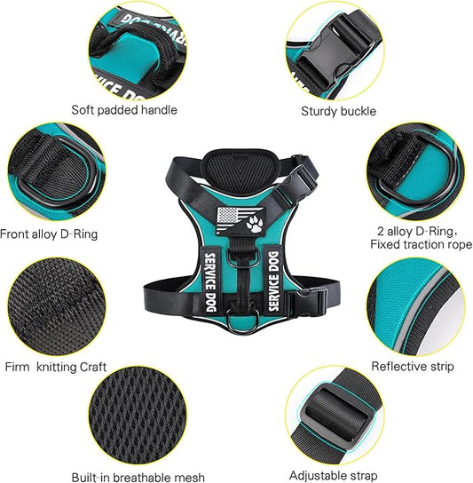 Demigreat Dog Service Harness, Reflective, Adjustable, Durable, Large, Turquoise, Solid