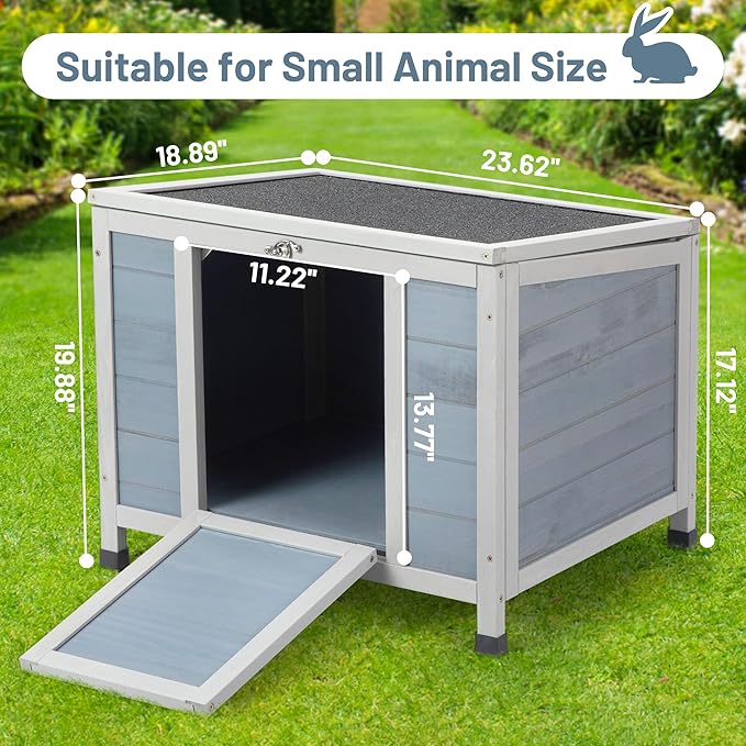 COZIWOW 24in Wooden Cat House Outdoor & Indoor Pet Shelter with Foldable Ramp - Weatherproof Rabbit Hutch with Unique Machine-Printed Art Designs for Cat, Rabbit, Guinea Pig (Grey)
