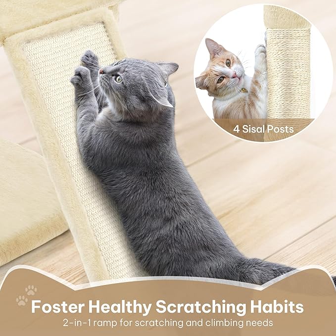 76in Cat Tree for Indoor Large Cats, Tall Cat Tower with Scratching Posts, Cat Tree Tower w/Hanging Balls, Multi-Level Condo Cozy Hammock, House, Large Activity Center, Beige