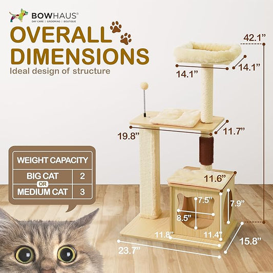 42” Wooden Cat Tree Tower for Indoor Large Cats & Kittens, Modern Tall Cat Climbing Tree w/Cave Condo, Scratching Posts, Perch, Multi-Level Cat Tower w/Interactive Ball & Detachable Cushion