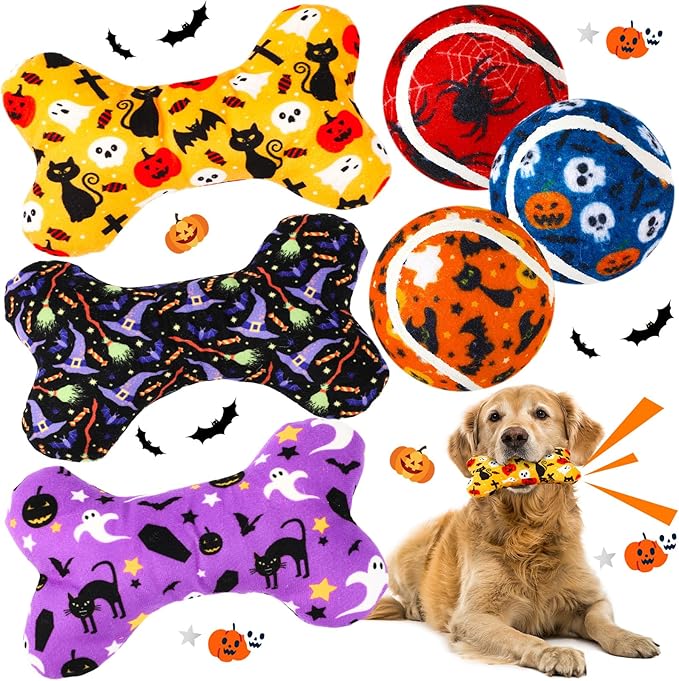 6 Pcs Halloween Dog Toys Puppy Tennis Balls and Squeaky Bone Toys Plush Interactive Pet Toy for Small Medium Large Dog Plush Chew Toy Puppy Training Toss Playing Gift