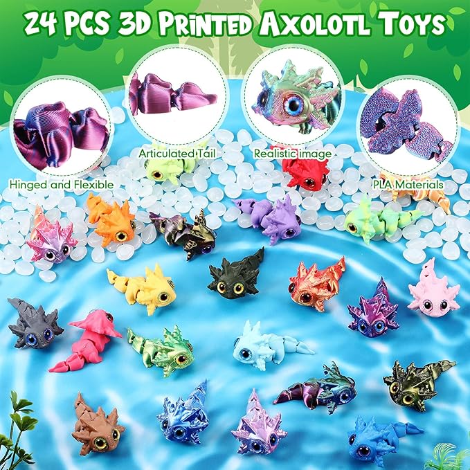 Honoson 24 Pcs 3D Printed Baby Axolotl Fidget Toy 3D Printed Small Animal Toy Flexible Cute Articulating Pet Stress Relief Fidget Toys for Play and Display