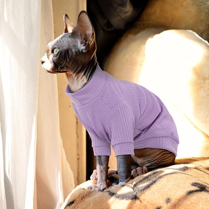 PUMYPOREITY Cat Clothes, Stretchy Cat Shirt, Cat Sweater with Sleeves, Sphynx Cat Clothes, Soft Cat Shirts for Cats Only, Pullover Cat Pajama for Sphynx Hairless Cat, Devon Rex, Purple, XL