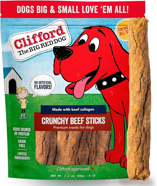 Clifford The Big Red Dog Soft Training Treats for Puppies and Dogs – Healthy, High Protein, Grain Free, Soft Puppy Treats for Small Dogs and Large – Real Crunchy Beef Sticks – 6ct