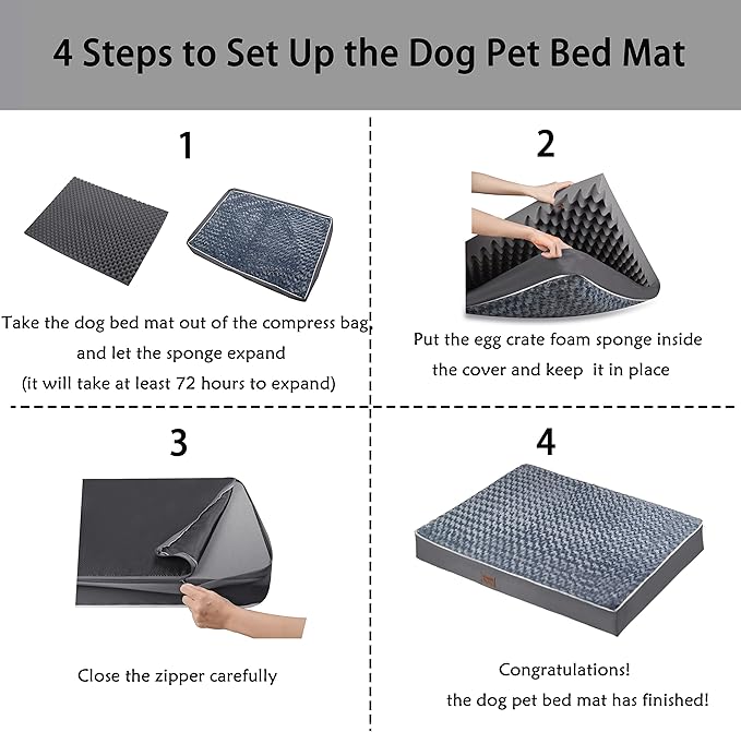 Dog Bed Mats for Large Big Dog - Orthopedic Dog Pet Durable Crate Bed Mattress of Thick Egg Foam Crate, Rose Plush Washable Cover, Waterproof Lining and Non-Slip Bottom(L(36''x27''x3''), Grey Side)