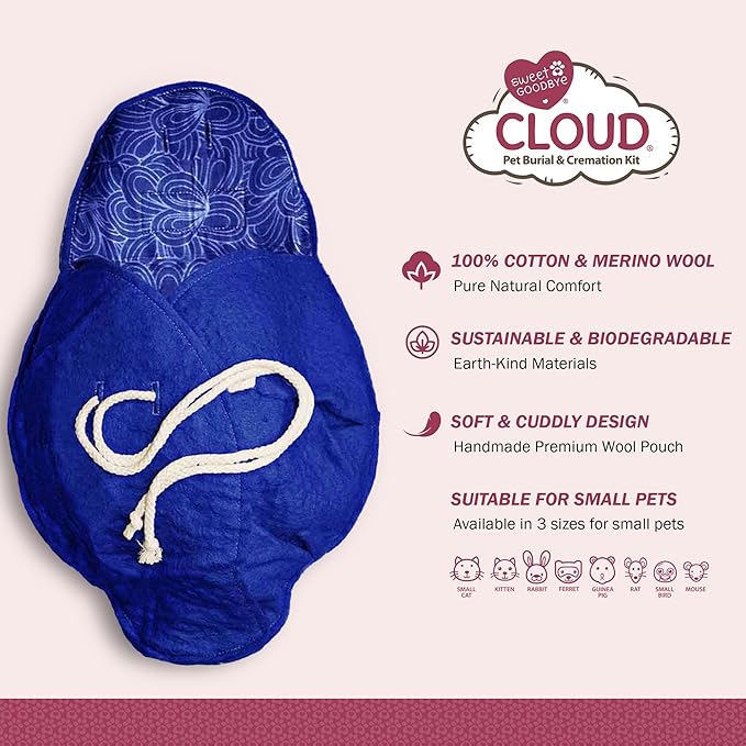 Cloud® - Eco-Friendly Pet Burial & Cremation Ceremon,y Kit - Casket for Smaller Pets: Rabbits, Hamsters, Gerbils, Fish, Birds, Reptiles, Small Cats (Choose Size & Color)(Large, Indigo)