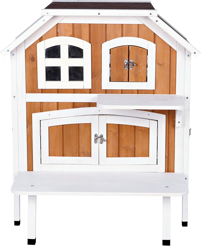 TRIXIE 'Welcome' Outdoor Cat House, Elevated-Weatherproof 2-Story Cat Home, Hinged Roof, Large Access Door, Indoor/Outdoor Shelter for Cats, Brown/White Fir Wood