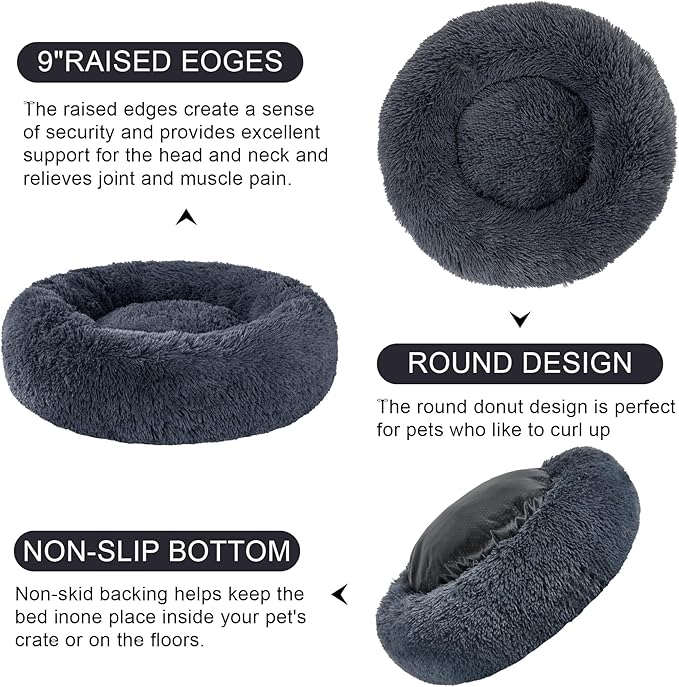 Dog Calming Beds for Small Medium Large Dogs - Round Donut Washable Puppy Dog Bed, Anti-Slip Faux Fur Fluffy Donut Cuddle Anxiety Cat Pet Bed(28" Dark Grey)