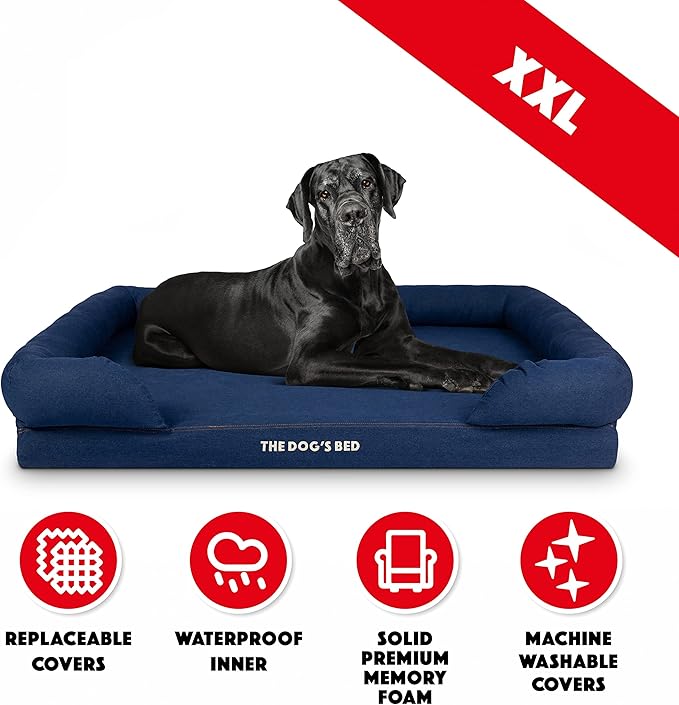 The Dog’s Bed, XXL Blue Denim51.5x39, Memory Foam, Pain Relief: Arthritis, Hip & Elbow Dysplasia, Post Surgery, Lameness, Supportive, Calming, Waterproof Washable Cover, Veterinary Approved