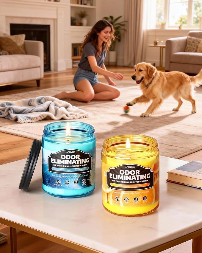 AOOVOO 4 Pack Citrus Lemon/Fantasy Ocean Odor Eliminating Highly Fragranced Candle - Eliminates 95% of Pet, Smoke, Food, and Other Smells Quickly, Air Freshing Soy Candle