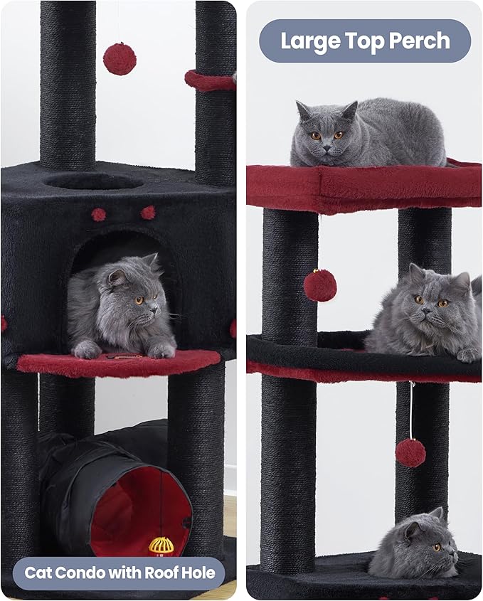 Cat Tree Tower for Indoor Cats Large Adult - Tall Kitty Condo House with Hammock Scratching Post Tunnel - 60 Inch Big Kitten Bed Condos Trees - Heavy Duty Kittens Houses Stand for Multiple Maine Coon