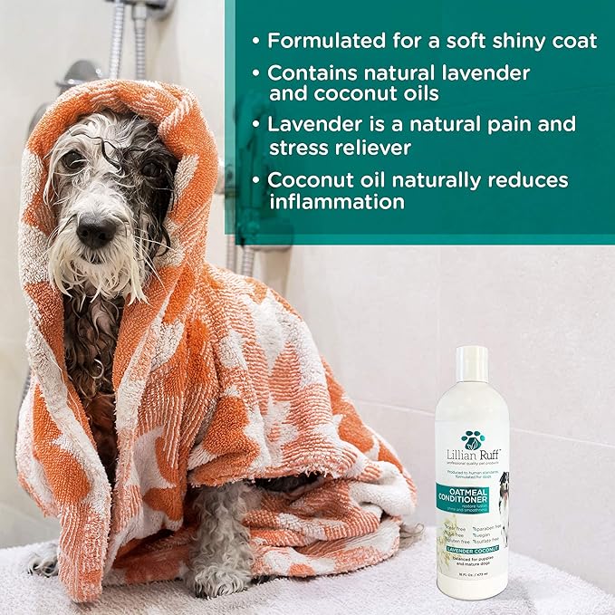 Lillian Ruff PRO Formula Oatmeal Dog Conditioner - Nourishing & Calming Relief for Allergies & Sensitive Skin - Detangles, Softens & Adds Shine with Oatmeal, Coconut Oil & Lavender - USA (16oz+Brush)