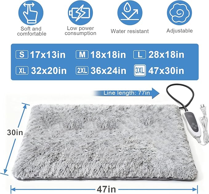 Extra Large Dog Heating Pad, 47×30 in Waterproof Heated Dog House, Upgraded Smart Thermostat Heated Dogs Bed with Wire Rope, Detachable Plush Mask, Whelping Box-Grey
