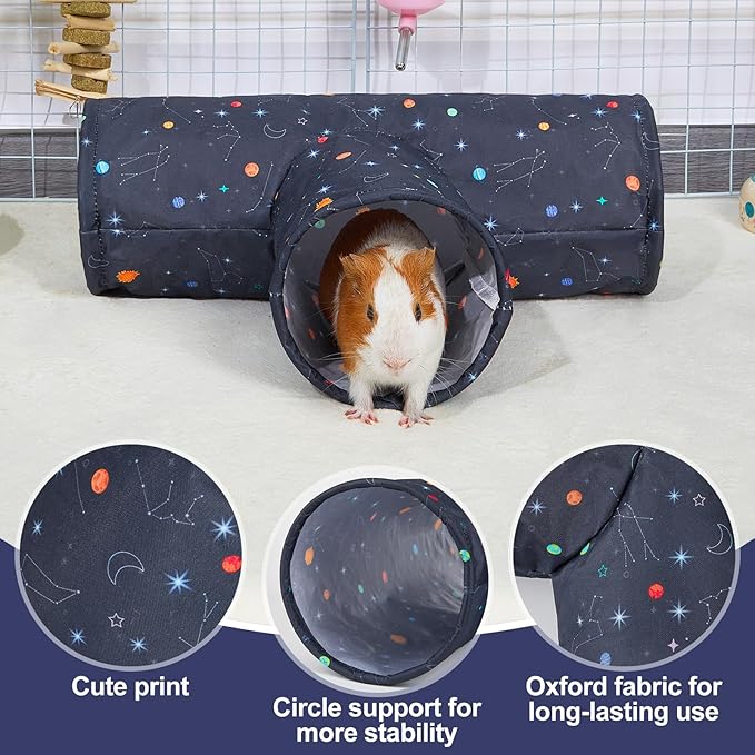 Bienbee Guinea Pig Tunnel, 3 Way Washable Guinea Pig Hideout,Foldable Rabbit Tunnel Guinea Pigs Toys for Bunny Hamster Chinchilla Ferret Rabbit Guinea Pigs Accessories Planets