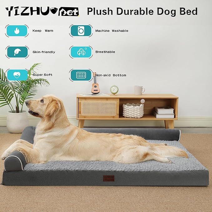 Orthopedic Dog Bed Waterproof Dog Beds for Large Dogs Deluxe Plush L-Shaped Dog Couch Beds with Egg Crate Foam Removable Washable Cover & Nonskid Bottom(Grey, XL(42''x30''x7.5''))