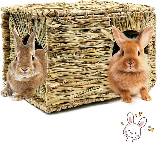 BWOGUE Extra Large Grass House for Rabbits,Hand Crafted Natural Grass Hideaway Foldable Bed Hut with Openings Playhouse for Bunny Guinea Pig Chinchilla Ferret for Play and Sleep