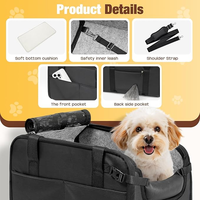 YUDODO Center Console Dog Car Seat, Anti-Slip Pet Cat Booster Seat for Small Dogs, Portable Puppy Bed Carseat Carrier PU Leather Black