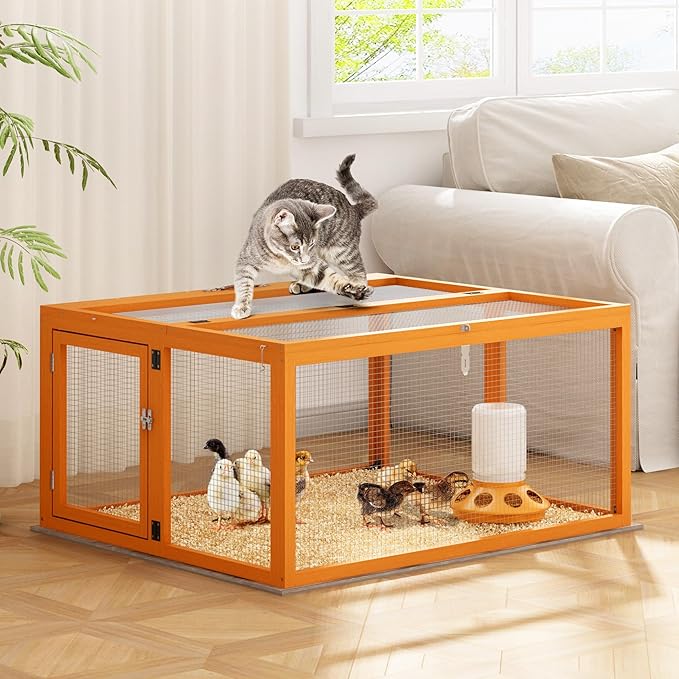 COZIWOW Portable Chicken Coop with UV-Proof Panel, 4X Garden Stakes, Wooden Rabbit Hutch, Chicken Brooder Indoor, Outdoor Folding Chicken Cage, Top & Side Openable Doors, 43.3Inch (Orange)
