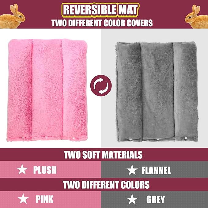 Rabbit Bed - Reversible Small Pet Mat with Two Removable Washable Covers, Snuggle Bed for Rabbits and Adult Guinea Pigs, Pink and Dark Gray Respectively