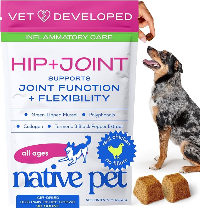 Native Pet Pain Relief for Dogs - Collagen for Dogs Promotes Joint Health, Reduce Inflammation & Stiffness - Senior Pup Joint Supplement - Natural Pain Reliever for Active & Aging Pets - 30 Chews