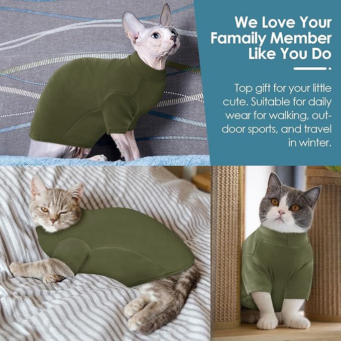 SUNFURA Turtleneck Sweater for Cat, Sphynx Cats Shirt Hairless Cat Sweaters with Sleeves, Warm and Soft Kitten Pullover Fleece Winter Pajamas Jumpsuit for Puppy Cats, ArmyGreen XL