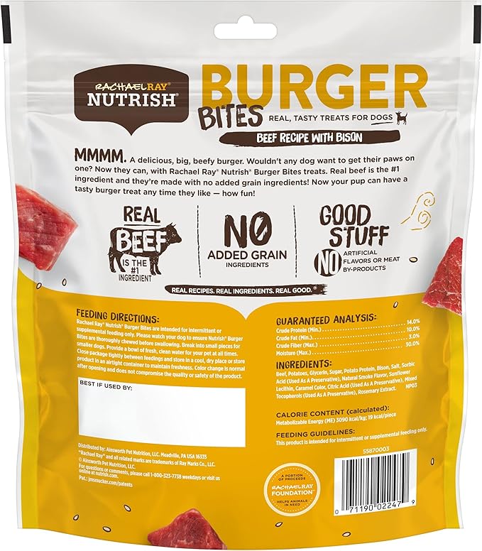 Nutrish Rachael Ray Burger Bites Beef Recipe with Bison Dog Treats, 12 oz. Pouch (Pack of 2)