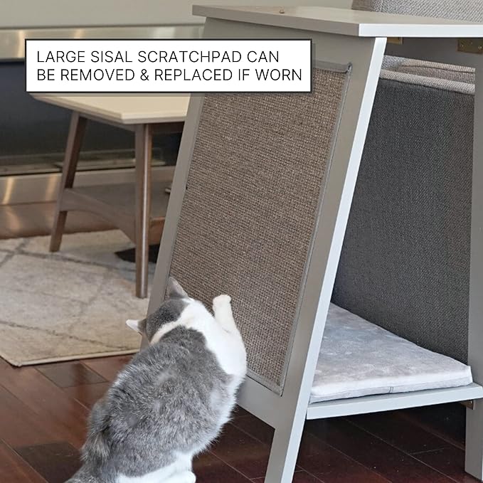 The Refined Feline A-Frame Cat Bed, Smoke Gray, Ventilated Base, Multipurpose Wood Cat Furniture Table, Easy To Clean Cushion, Removable & Replaceable Parts
