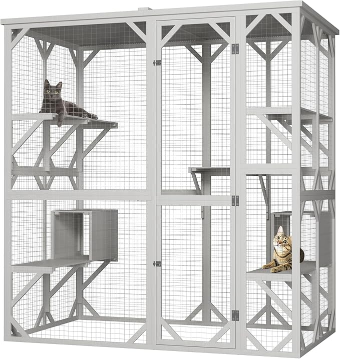 ROOMTEC Outdoor Catio with Roof 71.3" Height Large Wooden Cat Enclosure with 3 Jumping Platforms and 2 Napping Houses Cat Cage for Cat Activity (White)
